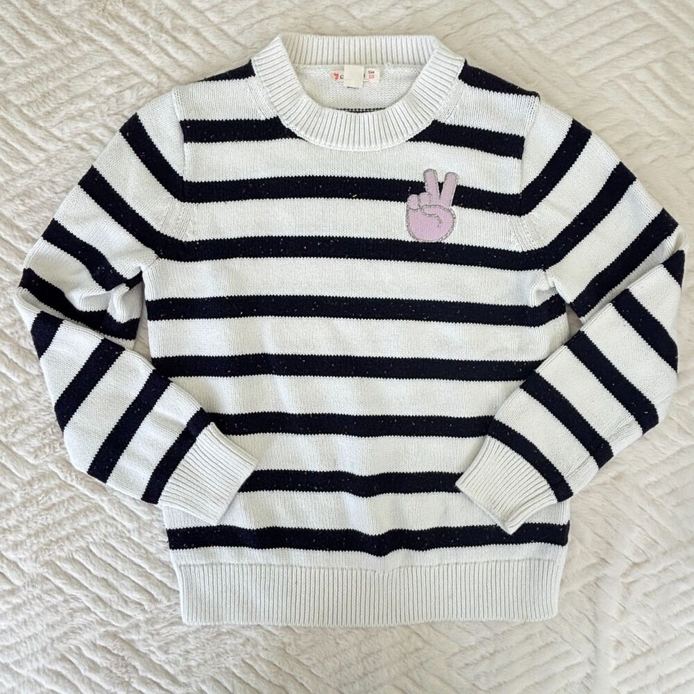 Crewcuts Girls Size 10 Navy White Striped Cotton Sweater Peace Sign Patch Top
